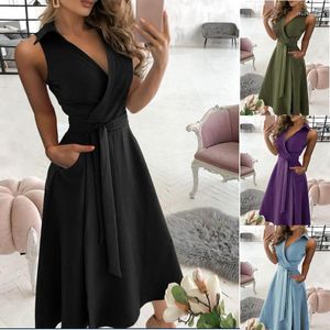 Casual jurken Elegant V hals Solid Color Midi Dress Women Sashes Mouwloze tank Fashion Summer Office Black Vestido
