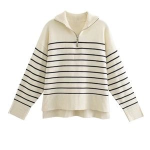 Women's Knits Tees TRAF Women Fashion Loose Striped Asymmetry Knitted Sweaters Vintage Long Sleeve Zip-up Female Pullovers Chic Tops 220915