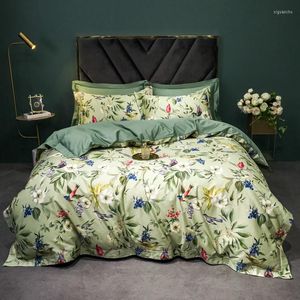 Set di biancheria da letto di lusso in stile americano 1400TC in raso di cotone egiziano con stampa floreale di uccelli Set morbido come la seta copripiumino lenzuolo federe