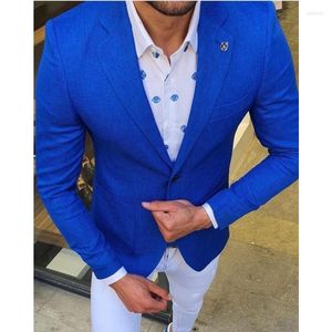 Męskie garnitury moda królewska niebieska kurtka białe spodnie design men for Wedding Groomsmen strój Slim Fit Blazer Moders Costume Homme 2pcs