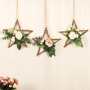 Decorative Flowers Wooden Star Wreath Wall Hanging Decoration Pendant Simulation Rose Decor Wedding Garden