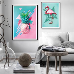 ウォールアートモダンノルディックピンクのパイナップルフラミンゴキャンバス絵画植物の絵のポスターと子供向けのプリントリビングルームの装飾