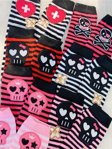 Knee Pads Women Arm Warmers Knitted Sleeve Long Fingerless Gloves Grunge Casual Warm Soft Female Y2k Skull Striped