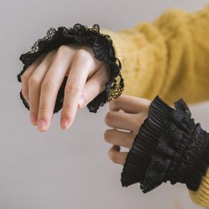 Knädyna kvinnors tröja med chiffong falska ärmar koreansk version av flerskikts svart spets lolita handledsärmning autum