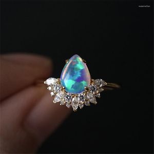 Trouwringen Dainty Gold Color Ring Blue Opaal Water Drop Stone Vrouw Luxe Crystal White Zirkoon voor vrouwen Bruidsjuwelen