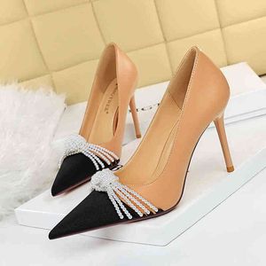 6223-2 Sandals Korean Fashion Banquet High Heels Thin Shallow Mouth Color Matching Pointed Pearl Bow Women's Single Shoes