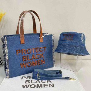 Kılıf Korumak Siyah Kadın Çanta Kadın Trendi Denim Omuz Çantası Mektup Nakış Bayanlar Crossbody Çanta Seyahat Alışveriş Tote Y2209