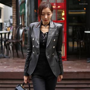 KOREANS LÄDER KOREAN TOOLING MOTORCYCLE PU JACKE Dubbelbröst höstrockar för kvinnor Cool Black Short Blazer Ropa Mujer