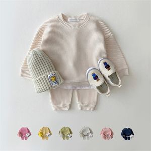 Kleidung Sets Koreanische Baby Baumwolle Kintting Kleidung Sets Mock Zwei-stück Waffel Baumwolle Kinder Jungen Mädchen Kleidung Sets Trainingsanzug tops Hosen 220916