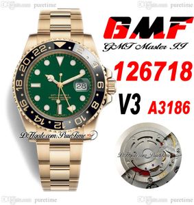 GMF GMT II A3186 Automatyczna męska zegarek V3 40mm 126718 żółte złoto czarne ceramiczne piersi zielone tarcze 904L Ostersteel Bransoletka Super Edition Ta sama karta serialu Puretime A1