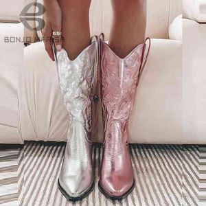 Boots Bonjomarisa Cowgirls Cowboy Pink Metallic Western Boots for Women Pointed Toe Eneed Heeled Pull on Mid Calf Boots Design T220915