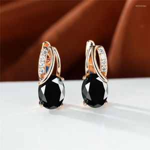 Hoop Earrings Luxury Female Crystal Oval Flower Charm Gold Color For Women Dainty Blue Black Zircon Wedding