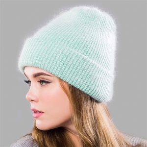 Beanieskull Caps Angora Örme Şapka Gerçek Tavşan Kürk Kış Şapkaları Kadınlar Moda Açık Sıcak Beanie Şapkalar Kadınlar Katı Yetişkin Kapak Baş Kapak 220916