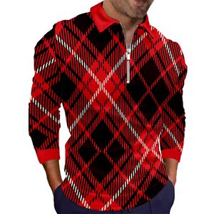Men s polos faixas xadrez de manga longa camisas pólo casual colar zíper de gola de colarinho impressão tops chic masculino slim fit roupas 220916