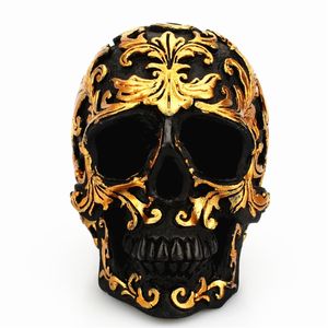 Dekorativa f￶rem￥l Figurer Harts Craft Black Skull Head Golden Carving Halloween Party Decoration Sculpture Ornament Home Accessories 220915