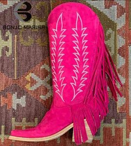 부츠 여성을위한 수 놓은 서양 부츠 카우보이 암소 소녀 프린지 술 디자인 발목 무릎 높은 부츠 빈티지 브랜드 새 신발 편안한 T220915