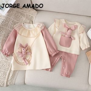 Zestawy odzieżowe wiosenne rodzina pasują do siostrzanych ubrania długie rękawy różowy królik romperprincess dziecięcy sukienka