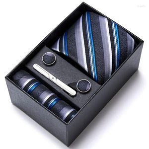 Fliege für Herren, modisch, gestreift, klassisches Einstecktuch, Manschettenknöpfe, Krawattenklammern, blaues Krawatten-Set in Geschenkbox