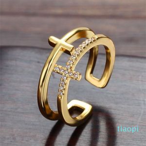 2022 new fashion European and American fashion glossy open ring trend creative personality diamond double cross female ring top quality