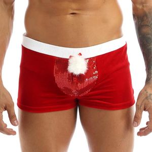 Mutande MSemis Rosso Boxer da uomo Corto Lingerie Velluto Moda Natale Costume Cosplay Paillettes lucide Custodia rigonfia Biancheria intima Mutande