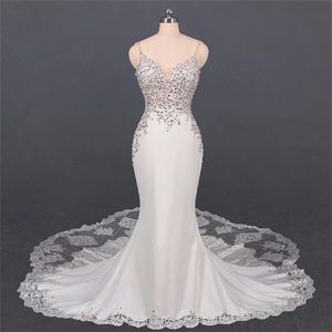 Sexy suspenders v neck fishtail wedding dress lace sequined backless big tail slim fit wedding MY9241