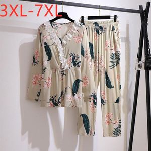 TRATRATES Spring Autumn Plus Size Women Women Pijamas Define grandes impressão floral solta de algodão de manga longa em casa Suits 3xl 4xl 5xl 6xl 7xl