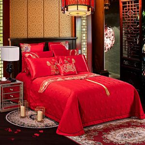 Bedspread Luxury Red Cotton Wedding Style Quiltsベッドブランケットダブルレースの装飾キルティングカバー枕カバーキングカバーレット