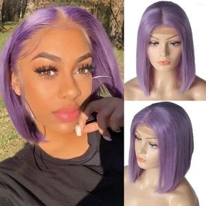Lilac Straight Bob Wigs Purple 180% Density Glueless 13x1 T Part Swiss Lace Front Human Hair Short With Baby
