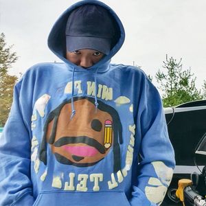 High Street Fashion Brand Hoodie Foaming Letter Printing Sky Blue Men's Sweater European and American