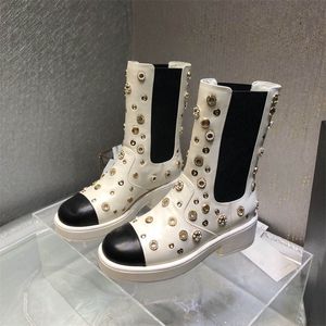 Interlocking Black Mid-calf boots Biker chunky platform flats combat Rhinestone Boot low heel booties leather chains logo buckle women luxury designers shoes