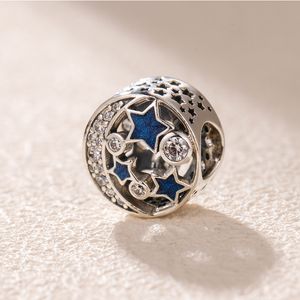 Charm-Anhänger aus 100 % 925er-Sterlingsilber, Vintage-Nachthimmel, schimmerndes Mitternachtsblau, Emaille, passend für europäische Pandora-Schmuck-Charm-Armbänder