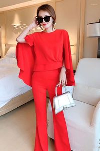 Feminino Feminino Feminino Feminino 2022 Spring Casual Pant Suit Ladies Cape Poncho Tops Flare Leg Red Sets Banes