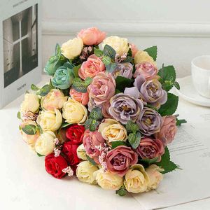フェイクフローラルグリーン32cmローズピンクピンクの牡丹人工花ブーケ5大きな頭と4つの芽の安い偽の花屋内屋内j220906