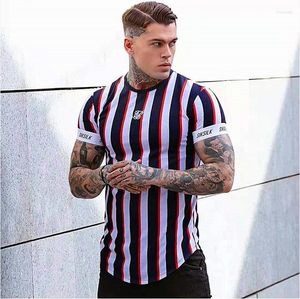 Camisetas masculinas 2022 Brand Men Muscle Stripe Bodybuilding camiseta de fitness t-shirt apertado de manga curta esportes de lazer de alta qualidade Tees tops