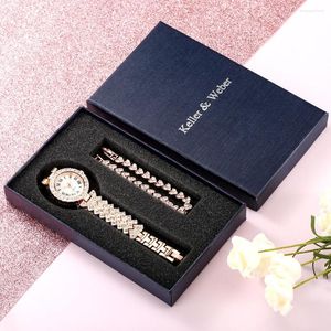 손목 시계 Weber Lady Rose Gold Rhinestone 시계 팔찌 선물 상자 세트 여성 반짝이는 쿼츠 손목 시계 생일 엄마