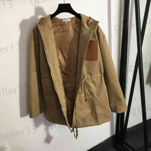 Womens Jacket Luxury Designer Loe Chest Leather Pocket Windbreaker Coats Fashion Märke Drawstring Corset Long Sleeve Hooded Zip Casual Jackets 0912