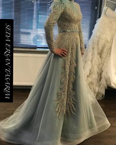 Mint Green Muslim Prom Formal Dresses Luxury Aso Ebi Arabiska spetsp￤rlor L￥ng￤rmad Hijab Dubai High Neck Evening Gown