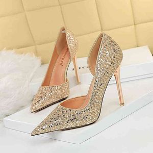 6168-5 Sandals Sexy Nightclub Slim High Heels Thin Shallow Mouth Pointed Side Hollowed Out Ultra Sequin Single Shoes