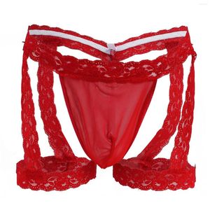Underpants Fashion Men's Lift Type Hanging Ring Thong Sexy Open Crotch Hollow See-Through Lace Double Ding Tanga Hombre Cuecas Sexys