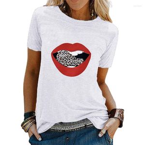 Kadın Tişörtleri Kadın T-Shirt Tshirt Kadın Grafik Leopar Kırmızı Dudaklar Moda Günlük Vintage Lady Tees Baskı Üstleri Giyim Kadın