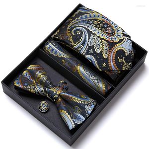 Papillon Confezione regalo all'ingrosso Cravatta Papillon Hanky Gemelli Set per uomo Cravatta blu in seta Gravate Fazzoletto Padre