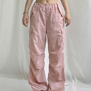 Женские брюки Capris weekepe Летние мешковатые грузовые брюки с низким подъемом шнурки модные карманные брюки Kawaii розовые женские брюки Y2K Эстетическая 220916