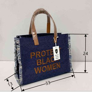 حقيبة يد نسائية سوداء اللون لحماية المرأة حقيبة كتف من قماش الدنيم مطرزة بحروف للسيدات حقيبة تسوق للسفر Y2209