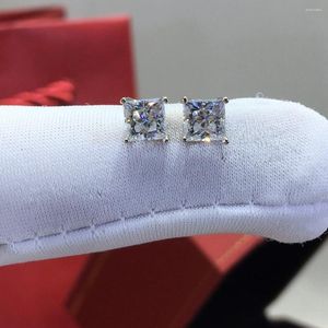 Stud Earrings Real Silver 925 Original Diamond Test Past Total 1 Carat Princess Cut D Color Moissanite Square Gemstone Gift