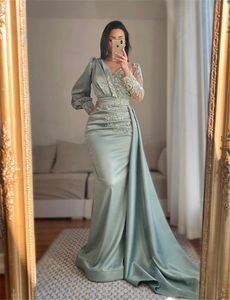Elegant Sage Mermaid Evening Dresses Glitter Crystals Sequins Beaded V Neck Arabic Dubai Formal Party Gowns 2022 Long Sleeve Satin Prom Dress