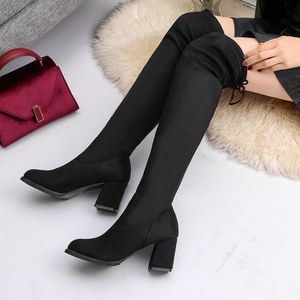 Sexy Hohe Stiefel Frauen 2022 Winter warme Fleece Neue Mode Über Das Knie Wildleder Stretch Stoff Komfort Stiefel Schnüren pumpen Socke Schuhe Heels