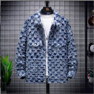 2023 Men's designer lapel Fashion Jacquard Plaid Denim oversized Jacket Spring and Autumn Loose Casual Couple Clothes Personality Japanese Streetwear