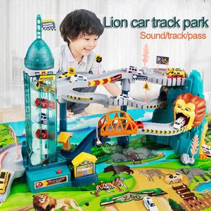 Diecast Model S Animal Lion Electric Dinosaur Curved Track Rail Car Puzzle Adventure Winding Road Drive Toys for Children 0915