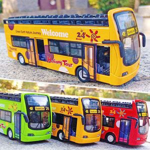 Diecast Model Cars 1 32 Legering Sightseeing Tour Double-Decker Bus Model Light Music Dra tillbaka Electric Car Toy Children's Birthday Present 0915