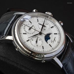 Relógios de pulso sugess cronógrafo assistir relógios mecânicos de couro genuíno safira seagull st19 série lua para homem relógio 40mm